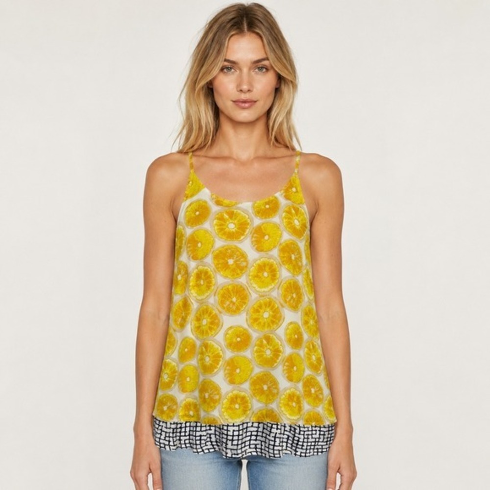 Anthropologie Porridge Sleeveless Citrus Print Tank Top With Geometric Hem Sz PS